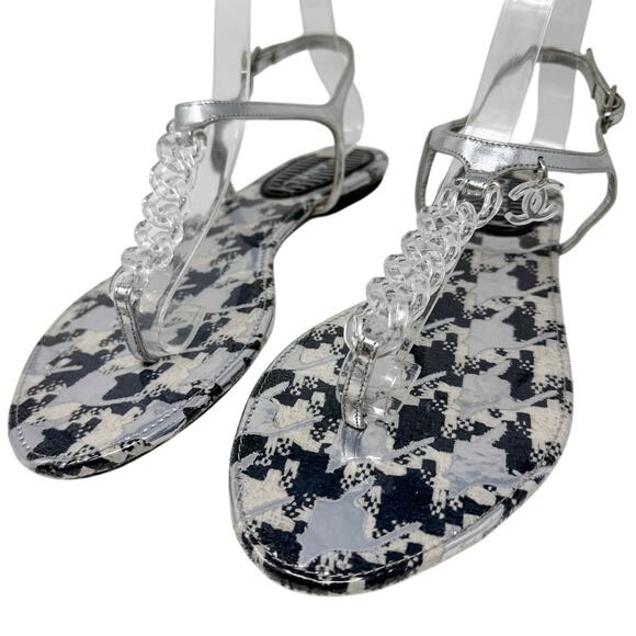 Chanel Clear Acrylic Chain CC Logo PVC Houndstooth Thong Flat Sandal size 39 - Picture 6 of 14